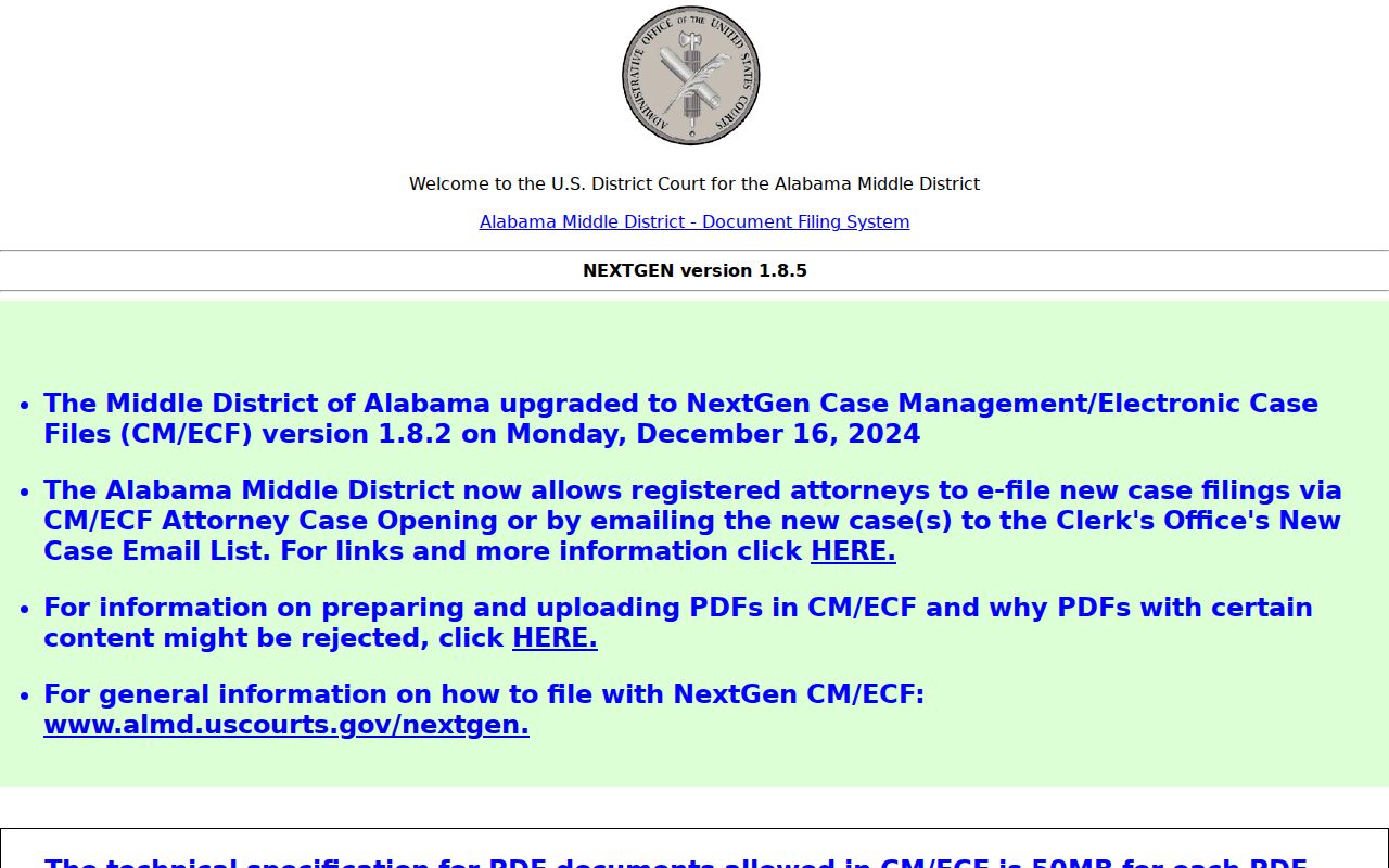 Gordonville court docket Middle District CM ECF access page