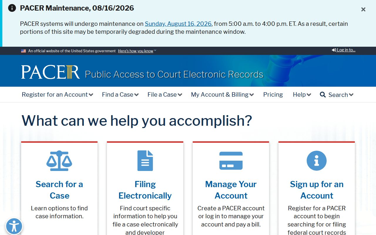 Gordonville court docket PACER federal case search service